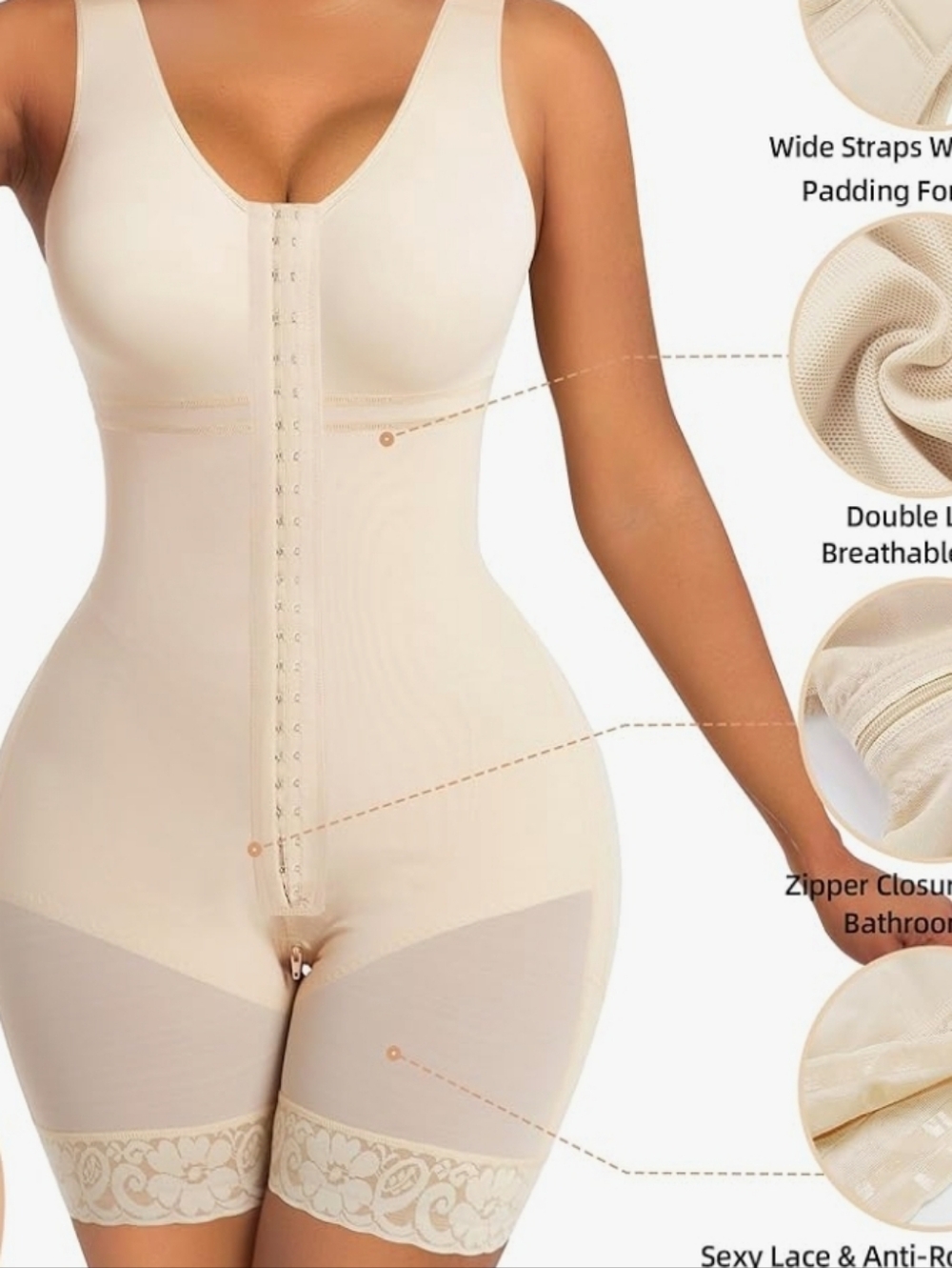 SHARPEX Shapewear Bodysuit with Front Hooks in Beige - Comfort Lift M/L